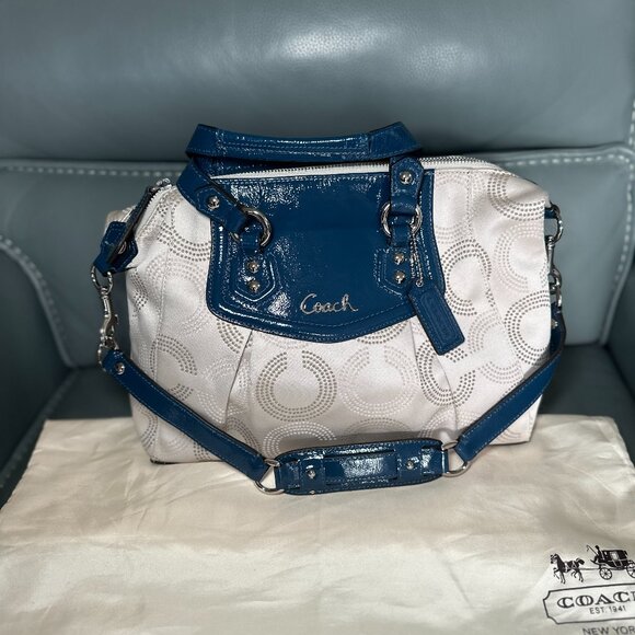 🆕 COACH Y2K Ashley Dotted OP ART Satchel Light Khaki / Cobalt Blue - Picture 1 of 4